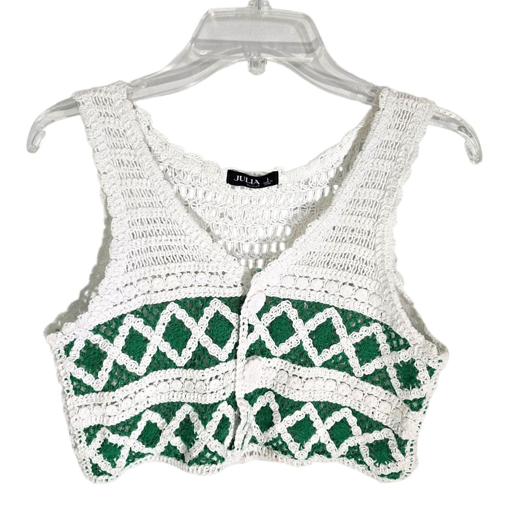 Julia by Love J White Green Crochet‎ Crop Vest Boho Diamond Knit Button Front L